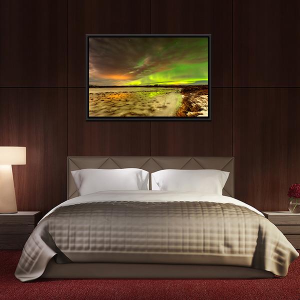 Aurora Borealis Over Frozen Lake Panoramic Canvas Wall Art-1 Piece-36" x 12"-Tiaracle