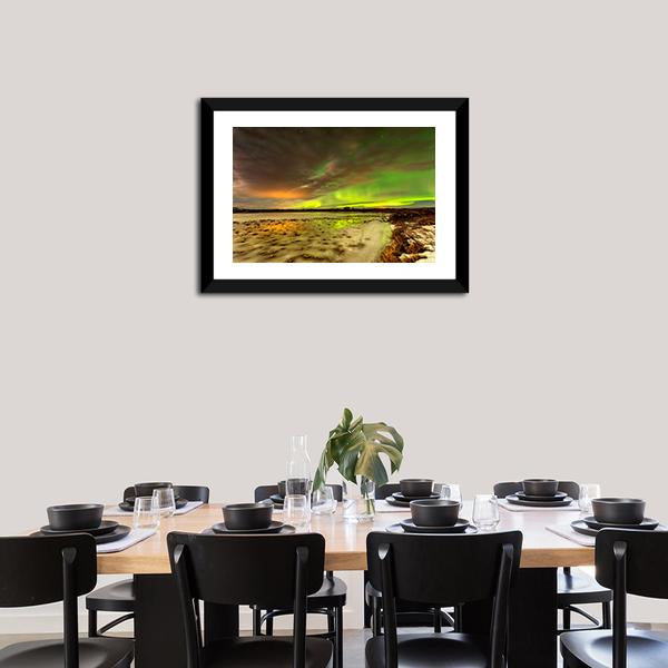 Aurora Borealis Over Frozen Lake Panoramic Canvas Wall Art-1 Piece-36" x 12"-Tiaracle