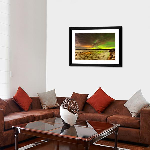 Aurora Borealis Over Frozen Lake Panoramic Canvas Wall Art-1 Piece-36" x 12"-Tiaracle