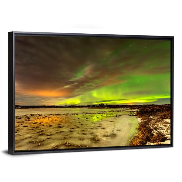 Aurora Borealis Over Frozen Lake Panoramic Canvas Wall Art-1 Piece-36" x 12"-Tiaracle