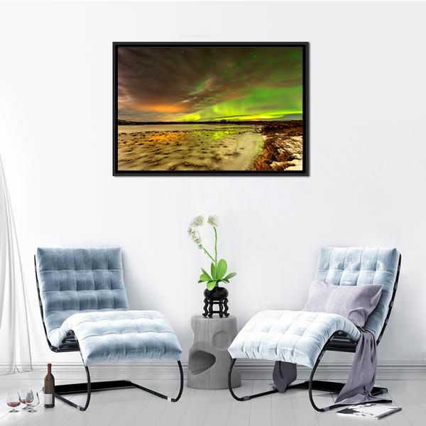 Aurora Borealis Over Frozen Lake Panoramic Canvas Wall Art-1 Piece-36" x 12"-Tiaracle