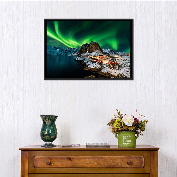 Aurora Borealis Over Harmony Norway Canvas Wall Art-1 Piece-Floating Frame-24" x 16"-Tiaracle