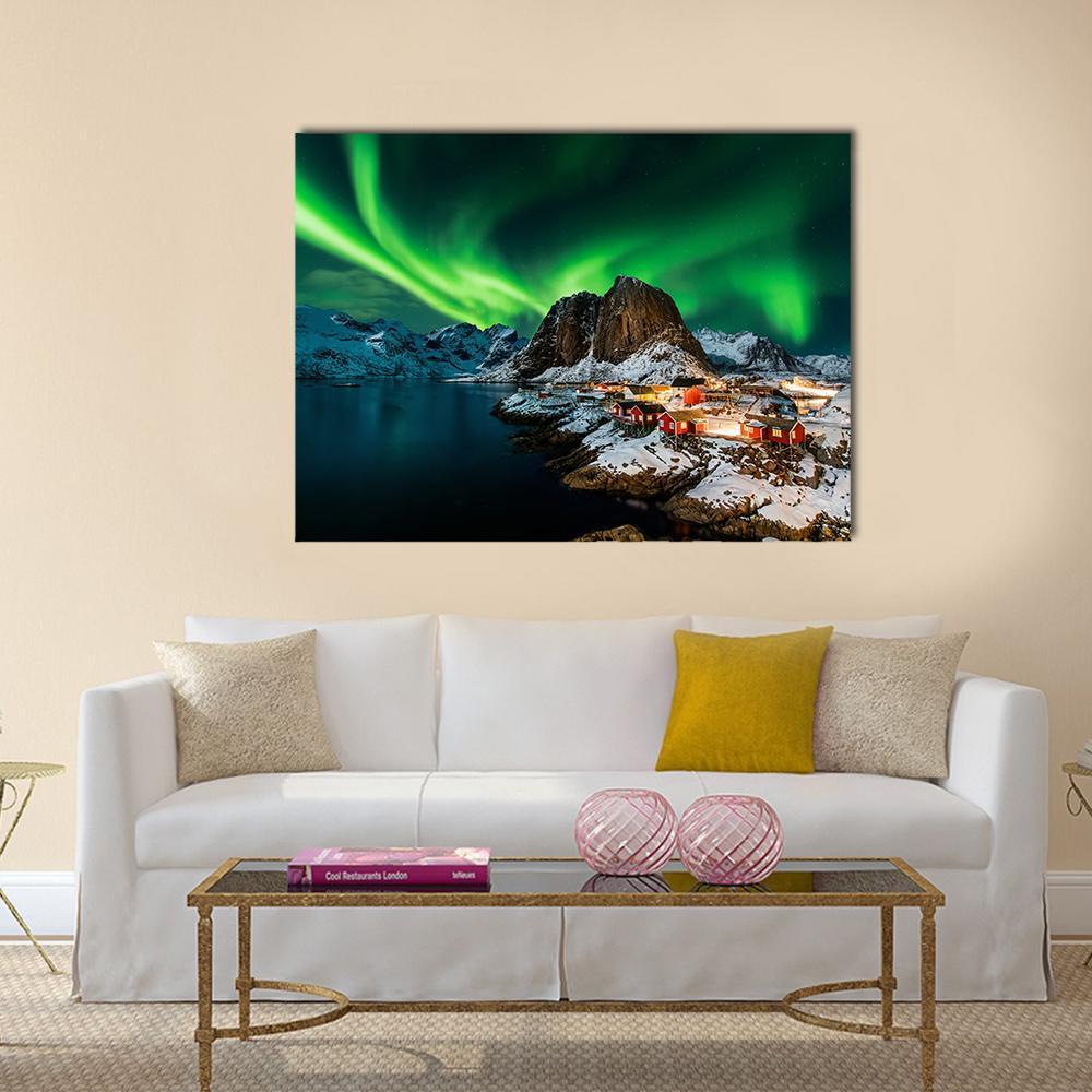 Aurora Borealis Over Norwegian Fjord Canvas Wall Art in black, green and blue, single panel hung on a wall