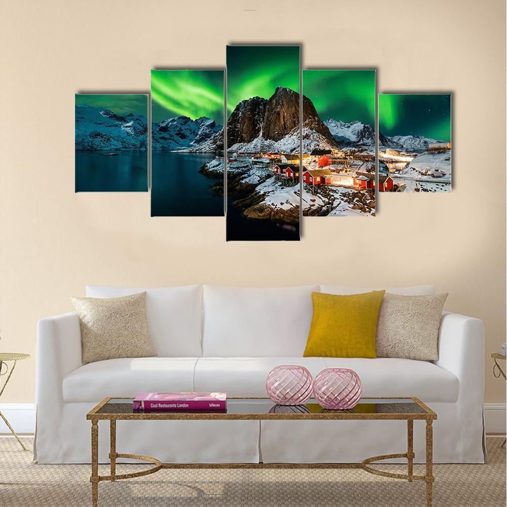 Aurora Borealis Over Harmony Norway Canvas Wall Art-5 Star-Gallery Wrap-42" x 21"-Tiaracle