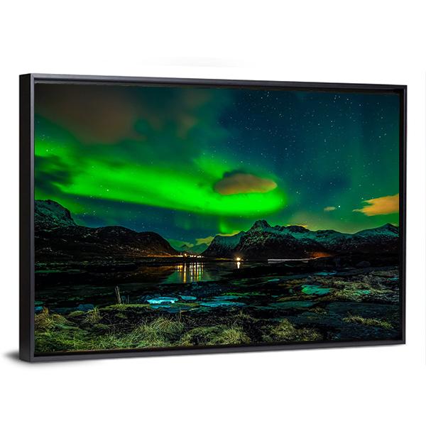 Aurora Borealis Over Mountains Canvas Wall Art-3 Horizontal-Gallery Wrap-25&quot; x 16&quot;-Tiaracle