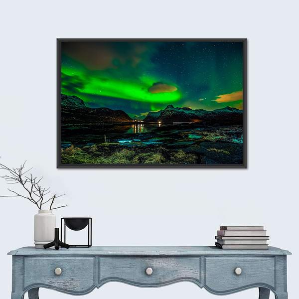 Aurora Borealis Over Mountains Canvas Wall Art-3 Horizontal-Gallery Wrap-25&quot; x 16&quot;-Tiaracle