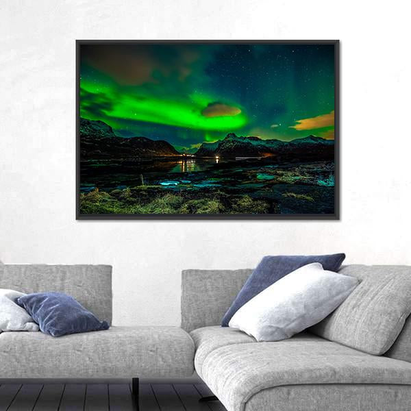 Aurora Borealis Over Mountains Canvas Wall Art-3 Horizontal-Gallery Wrap-25&quot; x 16&quot;-Tiaracle