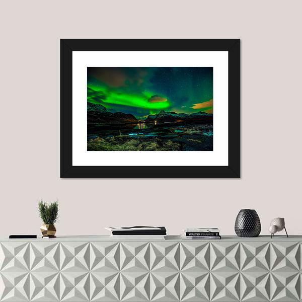 Aurora Borealis Over Mountains Canvas Wall Art-3 Horizontal-Gallery Wrap-25" x 16"-Tiaracle
