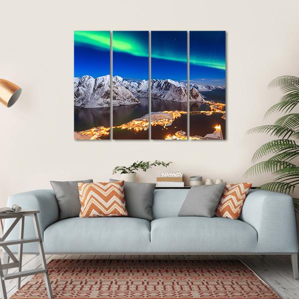 Aurora Borealis Over Reinebringen Mountain Ridge Canvas Wall Art-4 Horizontal-Gallery Wrap-34" x 24"-Tiaracle