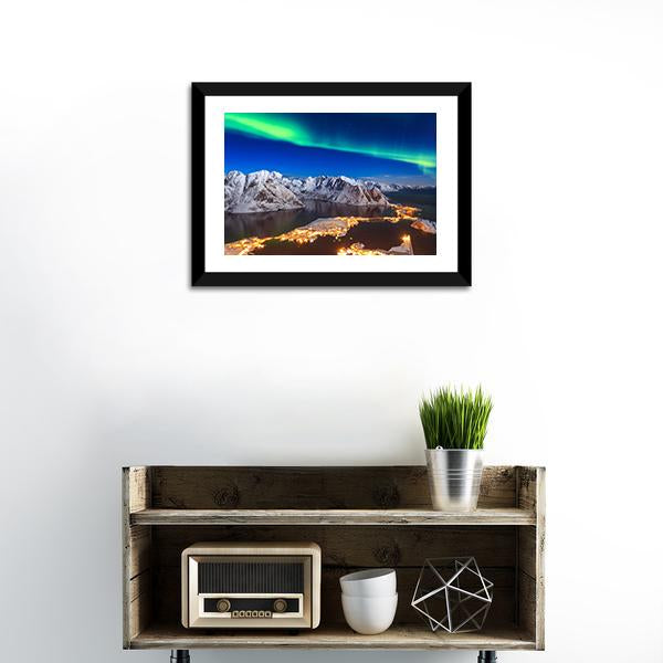 Aurora Borealis Over Reinebringen Mountain Ridge Canvas Wall Art-1 Piece-Framed Print-20" x 16"-Tiaracle