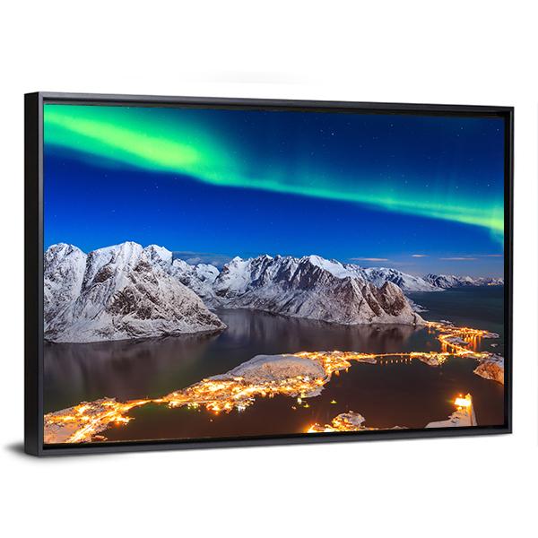 Aurora Borealis Over Reinebringen Mountain Ridge Canvas Wall Art-3 Horizontal-Gallery Wrap-25" x 16"-Tiaracle
