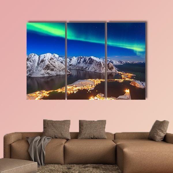 Aurora Borealis Over Reinebringen Mountain Ridge Canvas Wall Art-3 Horizontal-Gallery Wrap-25" x 16"-Tiaracle