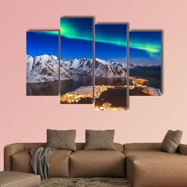 Aurora Borealis Over Reinebringen Mountain Ridge Canvas Wall Art-4 Pop-Gallery Wrap-50" x 32"-Tiaracle