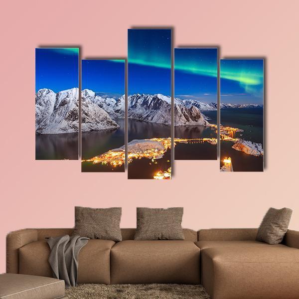 Aurora Borealis Over Reinebringen Mountain Ridge Canvas Wall Art-5 Pop-Gallery Wrap-47" x 32"-Tiaracle