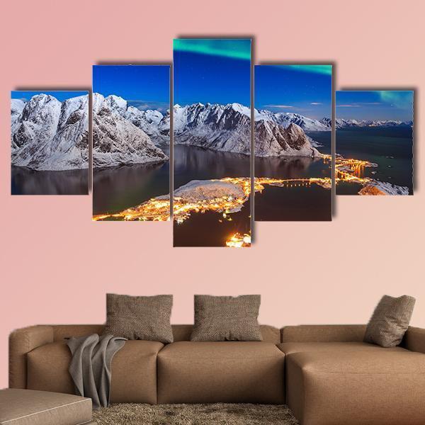Aurora Borealis Over Reinebringen Mountain Ridge Canvas Wall Art-5 Star-Gallery Wrap-62" x 32"-Tiaracle