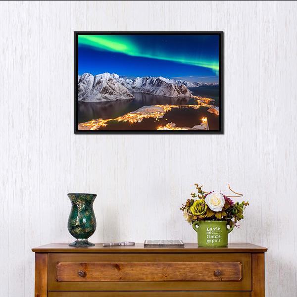 Aurora Borealis Over Reinebringen Mountain Ridge Panoramic Canvas Wall Art-1 Piece-36" x 12"-Tiaracle