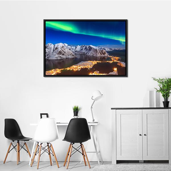 Aurora Borealis Over Reinebringen Mountain Ridge Panoramic Canvas Wall Art-1 Piece-36" x 12"-Tiaracle