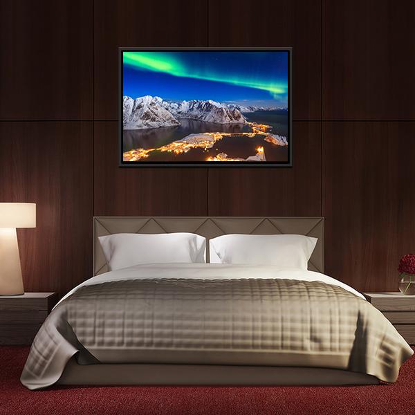 Aurora Borealis Over Reinebringen Mountain Ridge Panoramic Canvas Wall Art-1 Piece-36" x 12"-Tiaracle