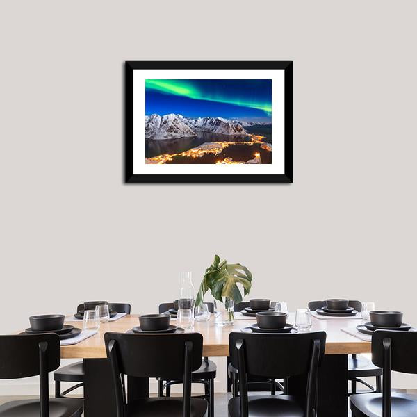 Aurora Borealis Over Reinebringen Mountain Ridge Panoramic Canvas Wall Art-1 Piece-36" x 12"-Tiaracle