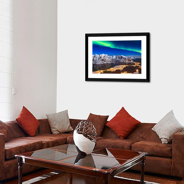Aurora Borealis Over Reinebringen Mountain Ridge Panoramic Canvas Wall Art-1 Piece-36" x 12"-Tiaracle