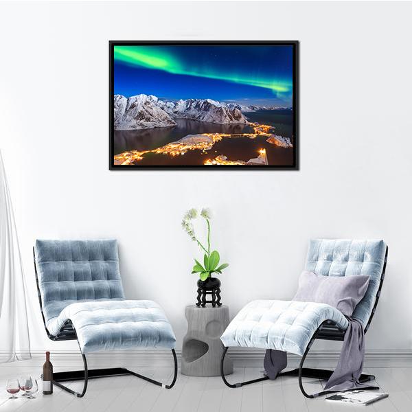 Aurora Borealis Over Reinebringen Mountain Ridge Panoramic Canvas Wall Art-1 Piece-36" x 12"-Tiaracle