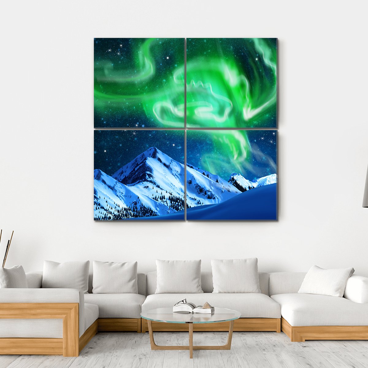 Aurora Over Snowy Mountains Canvas Wall Art in white, green and blue, hung on a wall