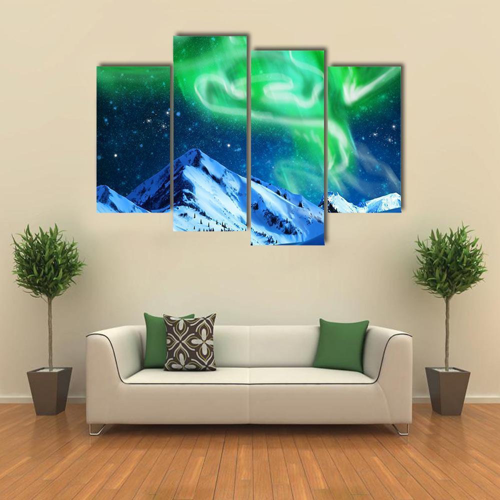 Aurora Borealis Over Snow Canvas Wall Art-4 Pop-Gallery Wrap-50" x 32"-Tiaracle