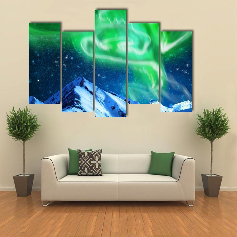 Aurora Borealis Over Snow Canvas Wall Art-5 Pop-Gallery Wrap-47" x 32"-Tiaracle