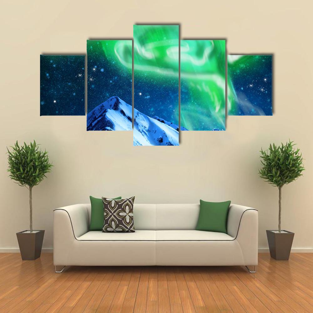 Aurora Borealis Over Snow Canvas Wall Art-5 Star-Gallery Wrap-62" x 32"-Tiaracle