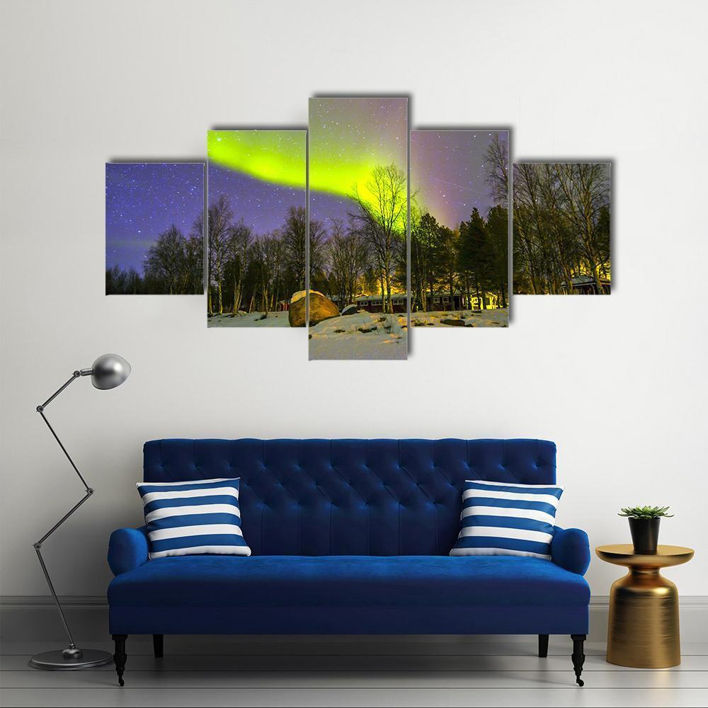 Aurora Borealis Over Snowscape Canvas Wall Art-5 Star-Gallery Wrap-62" x 32"-Tiaracle