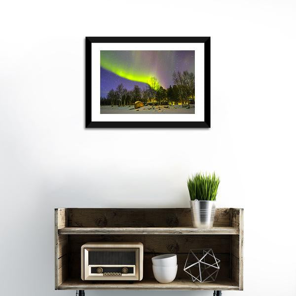 Aurora Borealis Over Snowscape Canvas Wall Art-1 Piece-Framed Print-20" x 16"-Tiaracle