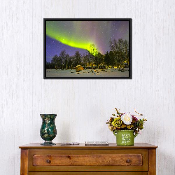 Aurora Borealis Over Snowscape Canvas Wall Art-1 Piece-Floating Frame-24" x 16"-Tiaracle