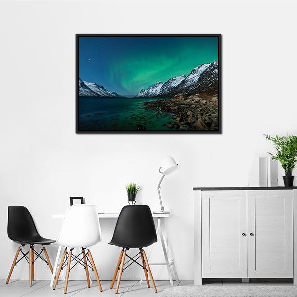 Aurora Borealis With Fjords Canvas Wall Art-1 Piece-Floating Frame-24" x 16"-Tiaracle