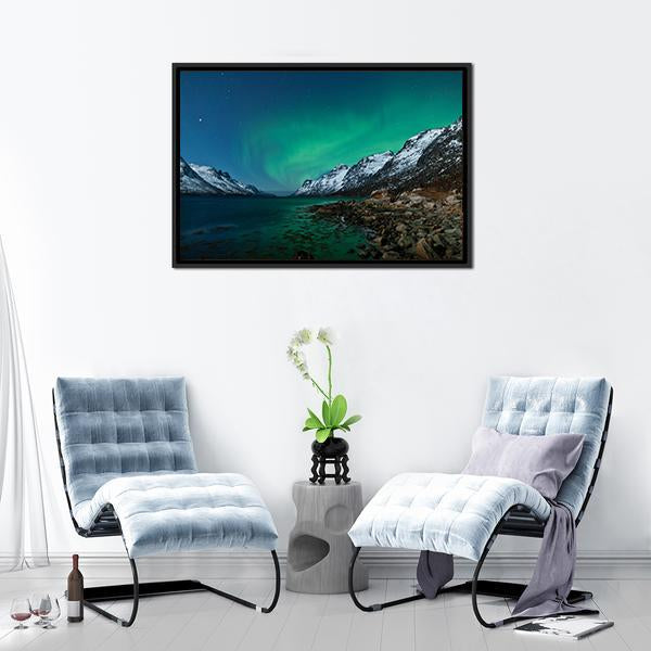 Aurora Borealis Over Fjords Canvas Wall Art in black, green and blue, 5 panel Pop layout hung on a wall