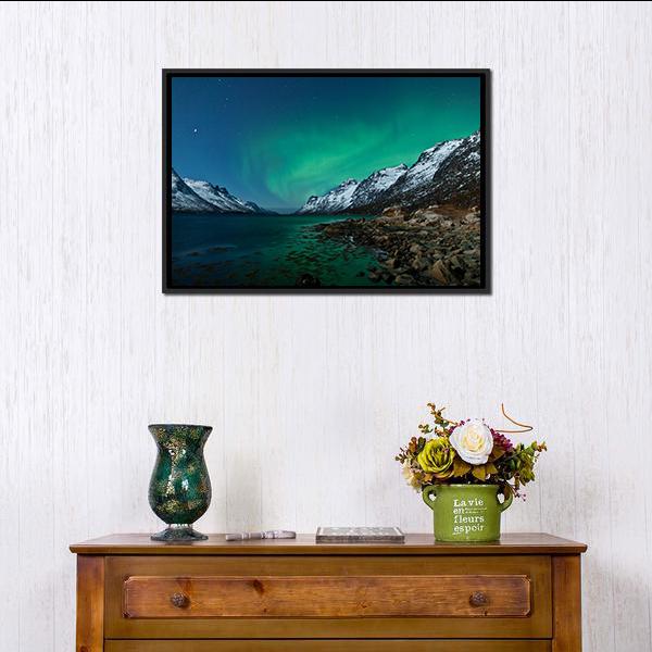 Aurora Borealis With Fjords Canvas Wall Art-5 Horizontal-Gallery Wrap-22" x 12"-Tiaracle