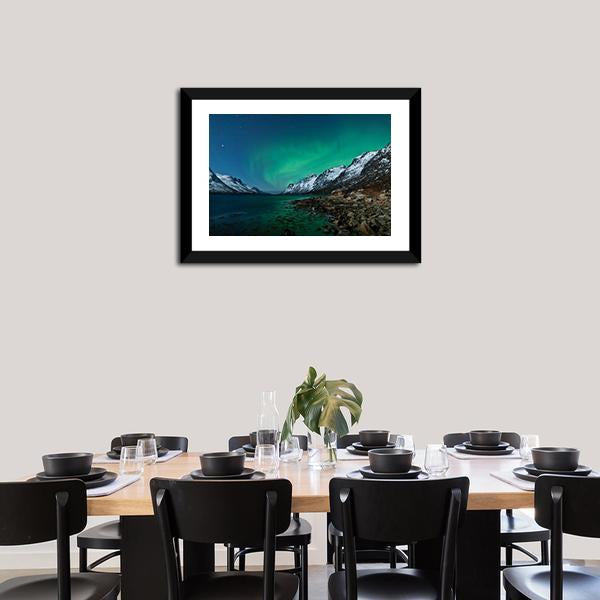Aurora Borealis Over Fjords Canvas Wall Art in black, green and blue, 5 panel Pop layout hung on a wall