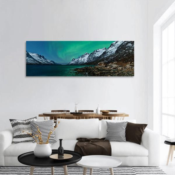Aurora Borealis With Fjords Panoramic Canvas Wall Art-1 Piece-36" x 12"-Tiaracle