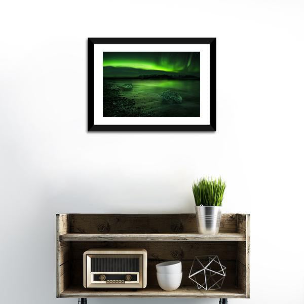 Aurora Northern Lights Canvas Wall Art in black and green, 4 panel Pop layout hung on a wall