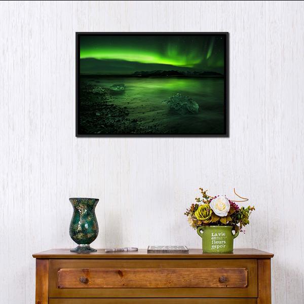 Aurora Northern Lights Canvas Wall Art in black and green, 4 panel Pop layout hung on a wall