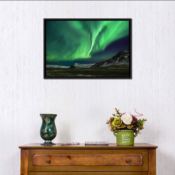 Aurora Polaris Above Mountains Canvas Wall Art-1 Piece-Floating Frame-24" x 16"-Tiaracle