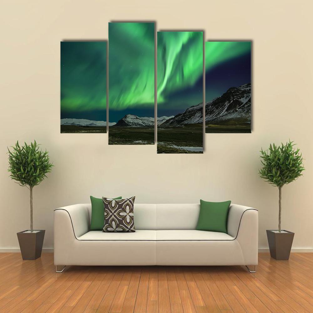 Aurora Polaris Above Mountains Canvas Wall Art-4 Pop-Gallery Wrap-50" x 32"-Tiaracle