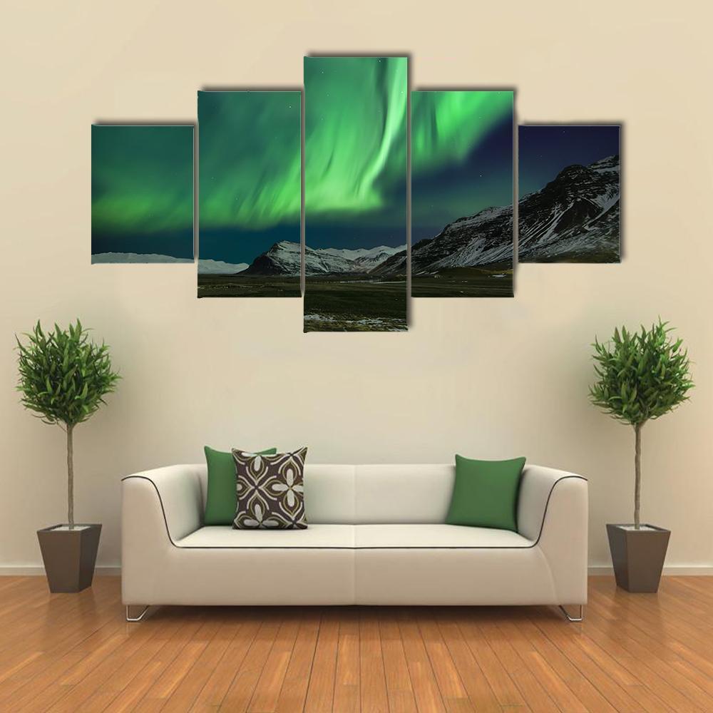 Aurora Polaris Above Mountains Canvas Wall Art-5 Star-Gallery Wrap-62" x 32"-Tiaracle