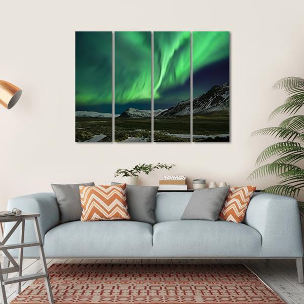 Aurora Polaris Above Mountains Canvas Wall Art-4 Horizontal-Gallery Wrap-34" x 24"-Tiaracle