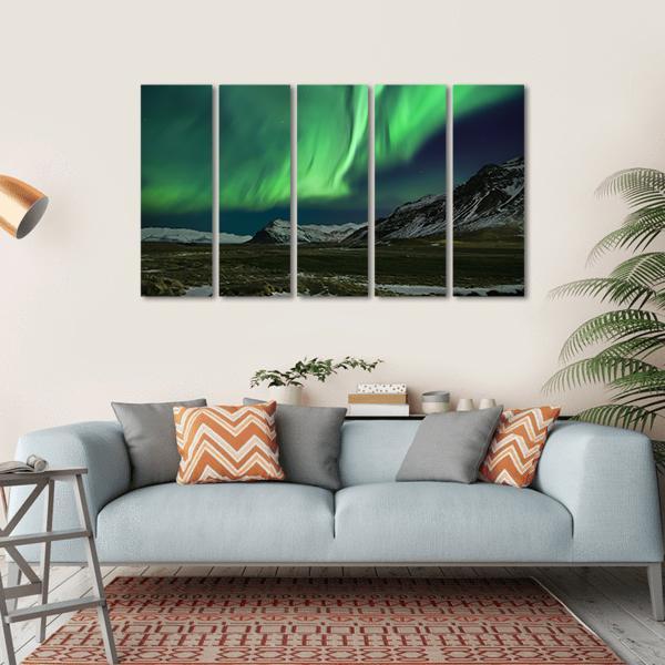 Aurora Polaris Above Mountains Canvas Wall Art-5 Horizontal-Gallery Wrap-22" x 12"-Tiaracle