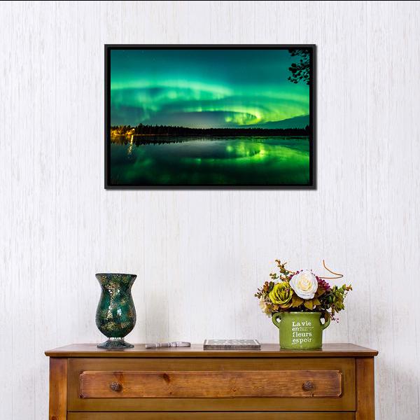 Aurora Over Finnish Lake Canvas Wall Art in black and green, 5 panel Star layout hung on a wall
