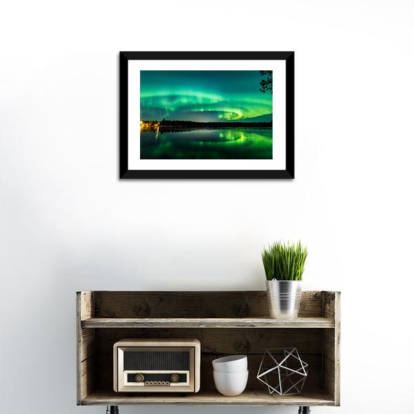 Aurora Over Finnish Lake Canvas Wall Art in black and green, 5 panel Star layout hung on a wall