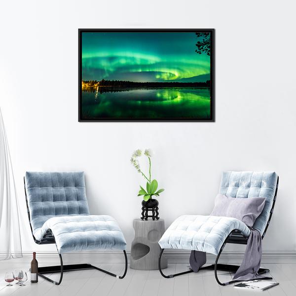 Aurora Show At Finnish Lake Canvas Wall Art-3 Horizontal-Gallery Wrap-25" x 16"-Tiaracle