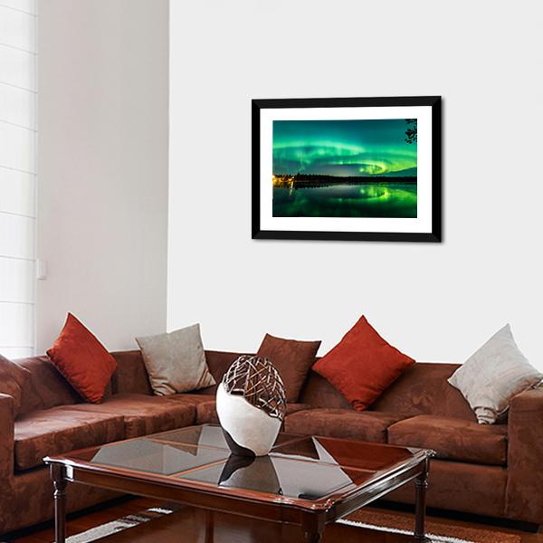 Aurora Show At Finnish Lake Canvas Wall Art-3 Horizontal-Gallery Wrap-25&quot; x 16&quot;-Tiaracle