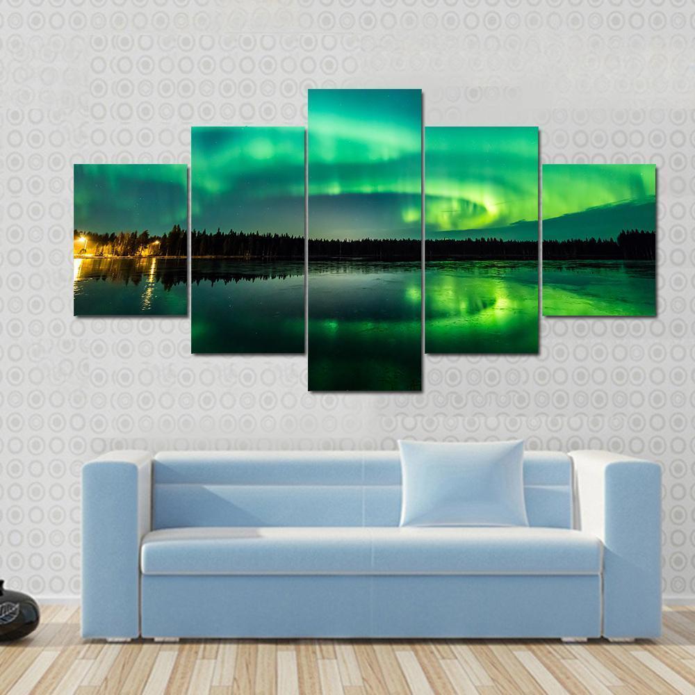Aurora Show At Finnish Lake Canvas Wall Art-5 Star-Gallery Wrap-62" x 32"-Tiaracle