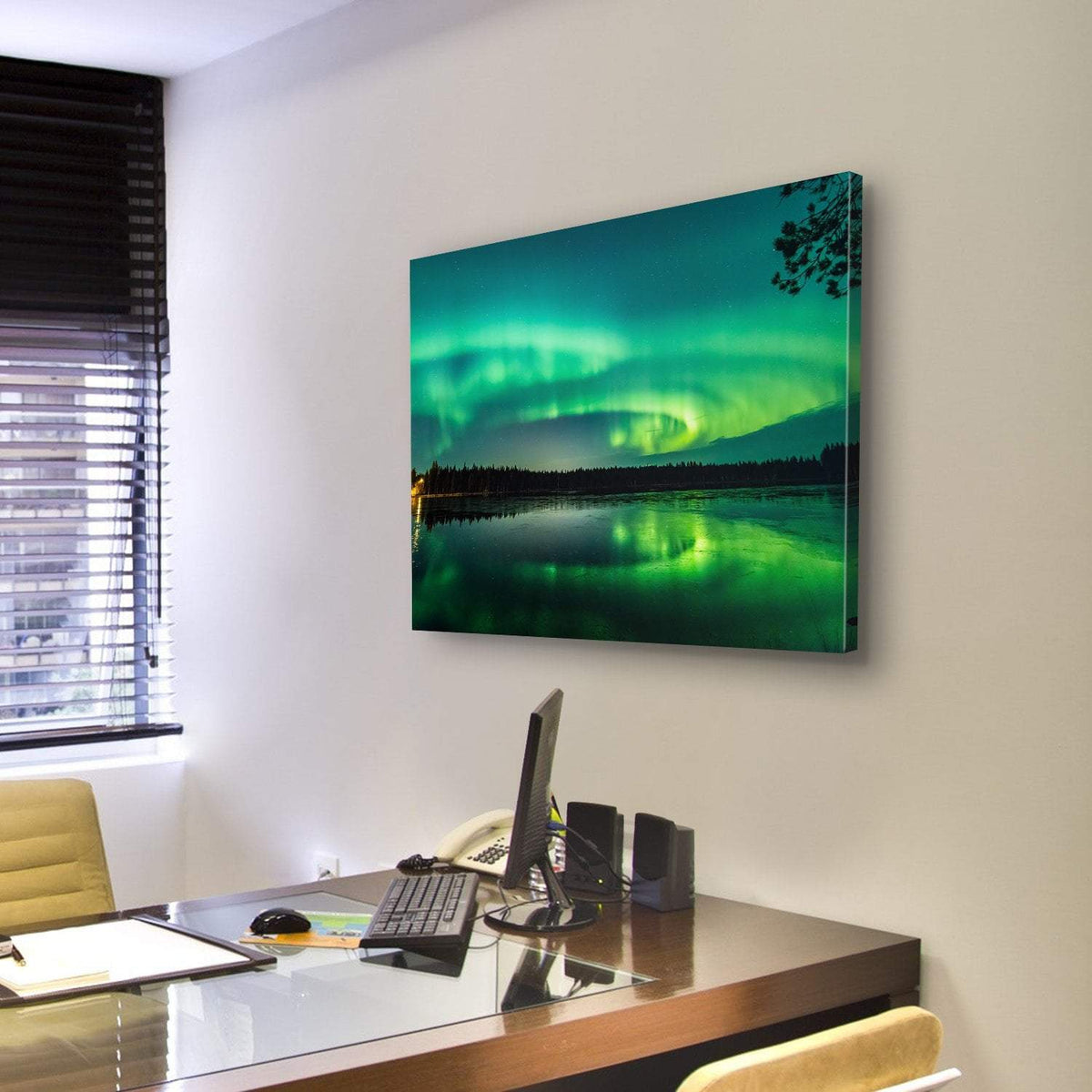 Aurora Show At Finnish Lake Canvas Wall Art-3 Horizontal-Gallery Wrap-25&quot; x 16&quot;-Tiaracle